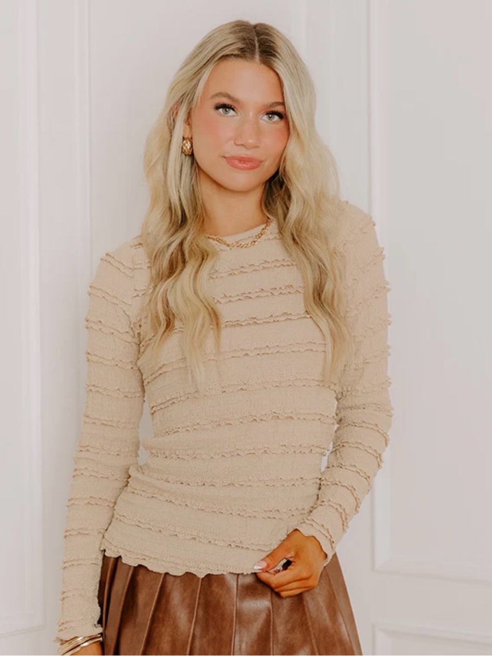 Impressions Beige Textured Long-Sleeve Ribbed Top